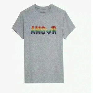 NWT ZADIG & VOLTAIRE Rainbow Strass Bling Zoe Amour Wings Tee Shirt Gray XS